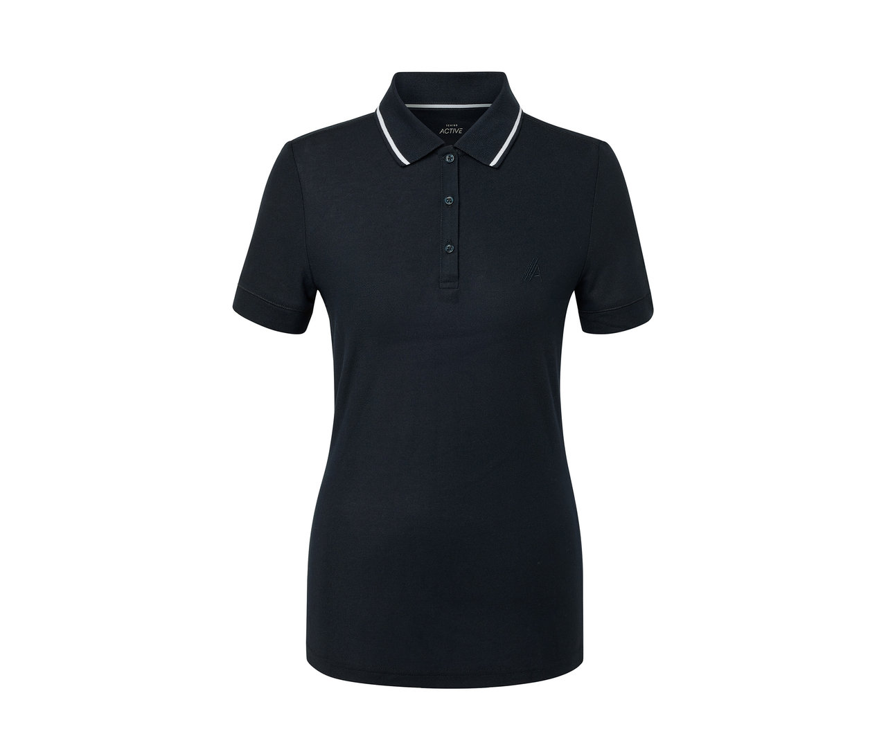Dunkelblaues Funktionspoloshirt mit weißem Kragen.