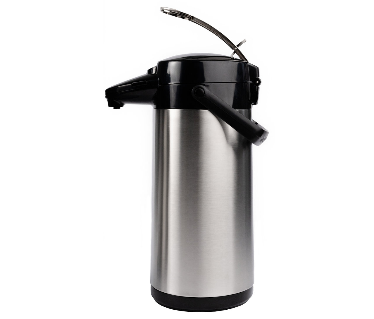 Eine silberne Pumpthermoskanne »Bonamat«, 2,2 l mit schwarzen Plastikdetails.