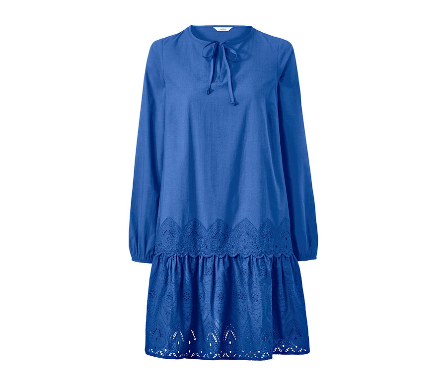 Blaue Longbluse mit Stickerei.