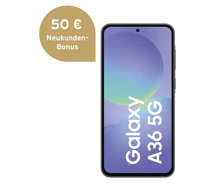 Schwarzes Samsung Galaxy A36 5G Smartphone mit Galaxy A36 5G Schriftzug auf dem Display.