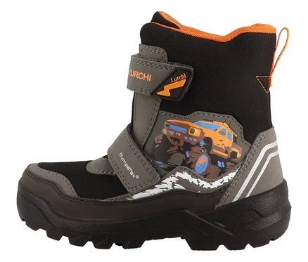 Schwarz-grauer LURCHI »Kojo-SYMPATEX« Winterstiefel mit orangefarbenen Details und Auto-Abbildung.