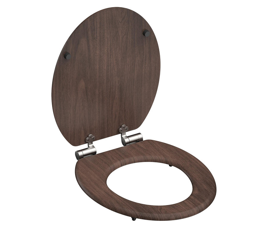 Ein brauner Toilettensitz aus Holz mit Metallscharnieren.