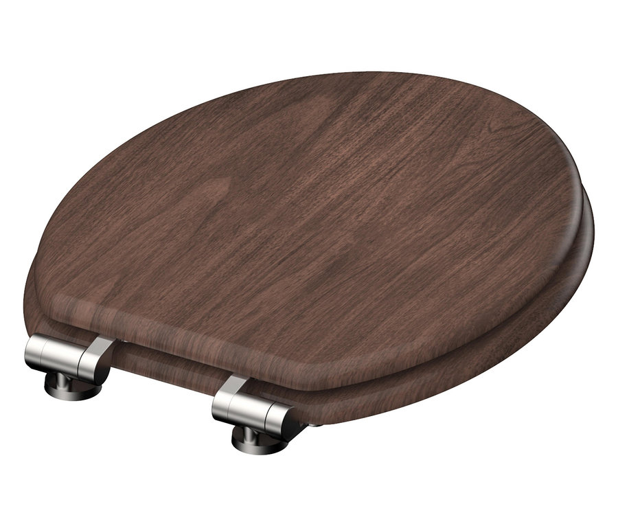 Ein brauner Toilettensitz aus Holz mit silbernen Scharnieren.