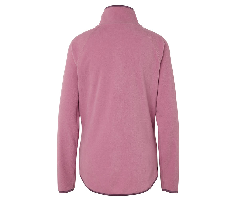 Rückansicht eines rosa Fleece-Pullovers mit langen Ärmeln und Reißverschluss am Kragen.