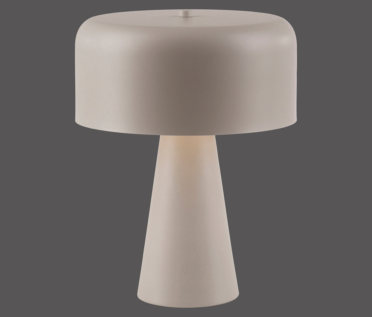 Beige Tischlampe mit konischem Fuß und zylindrischem Schirm.