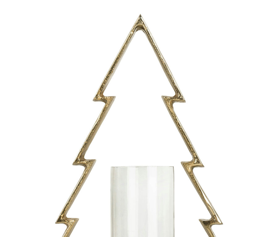 Goldener Eglo Mukayle Kerzenständer in Form eines Weihnachtsbaums mit zylindrischem Glaseinsatz.
