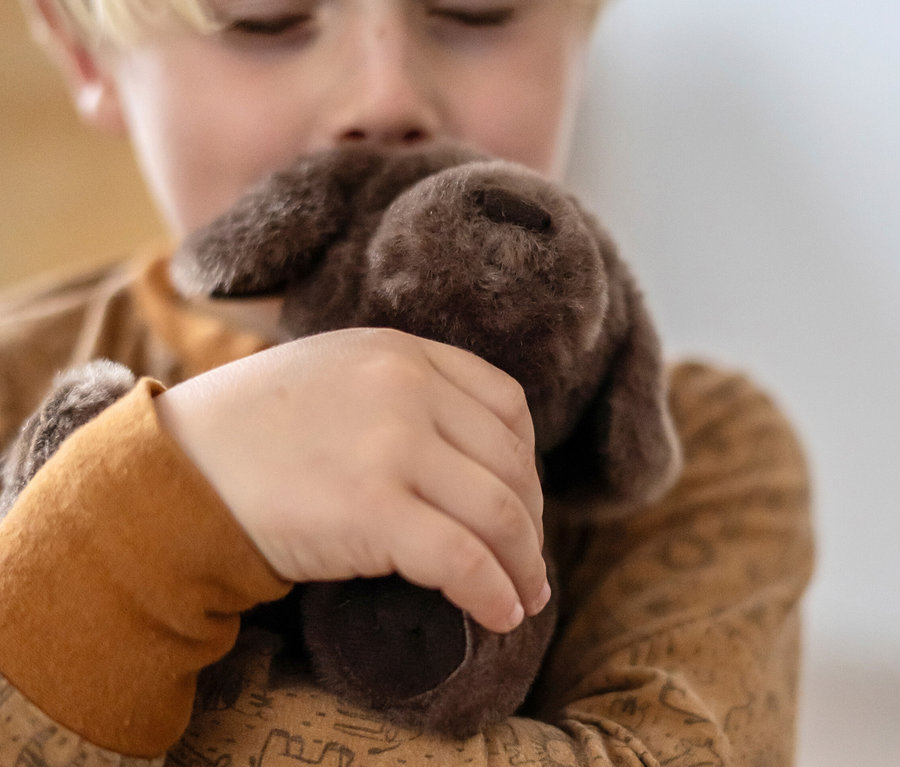 Junge umarmt braunen Plüschhund von small foot Hund mit Tasche und Pflege-Set.
