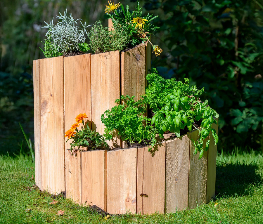 Mehrstufiges Hochbeet »Schnecke« aus hellem Holz bepflanzt mit Kräutern und Blumen steht im Garten.