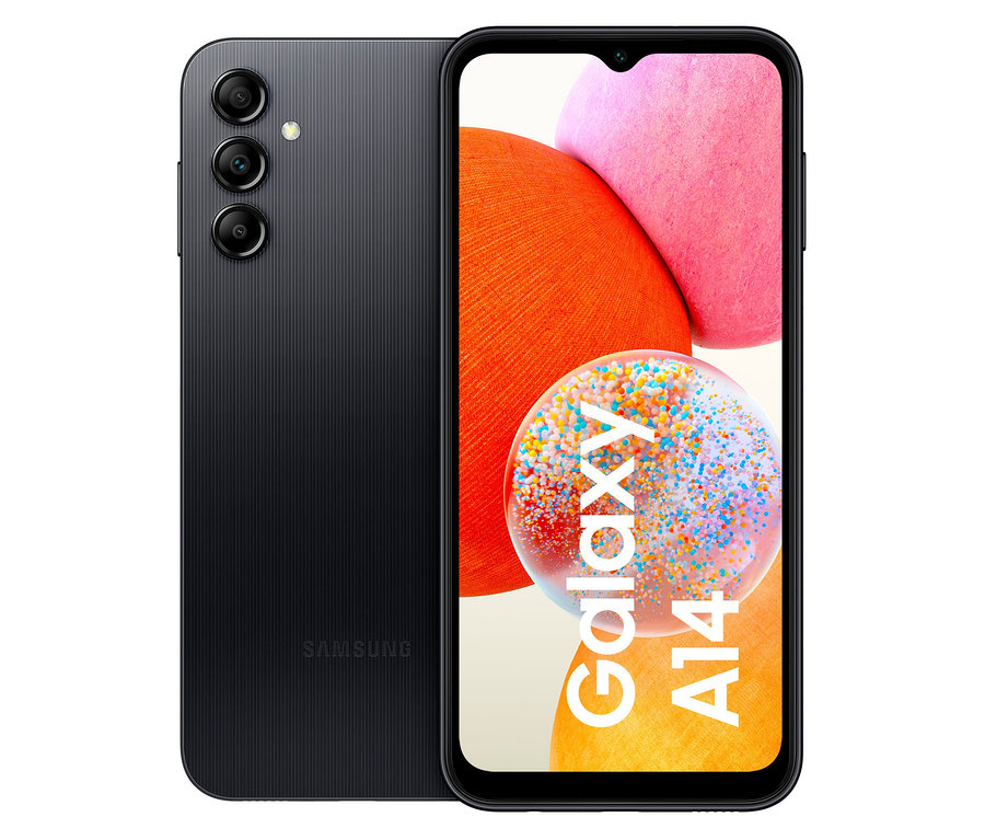 Schwarzes Samsung Galaxy A14 LTE 64 GB, sowohl Vorder- als auch Rückseite sichtbar.