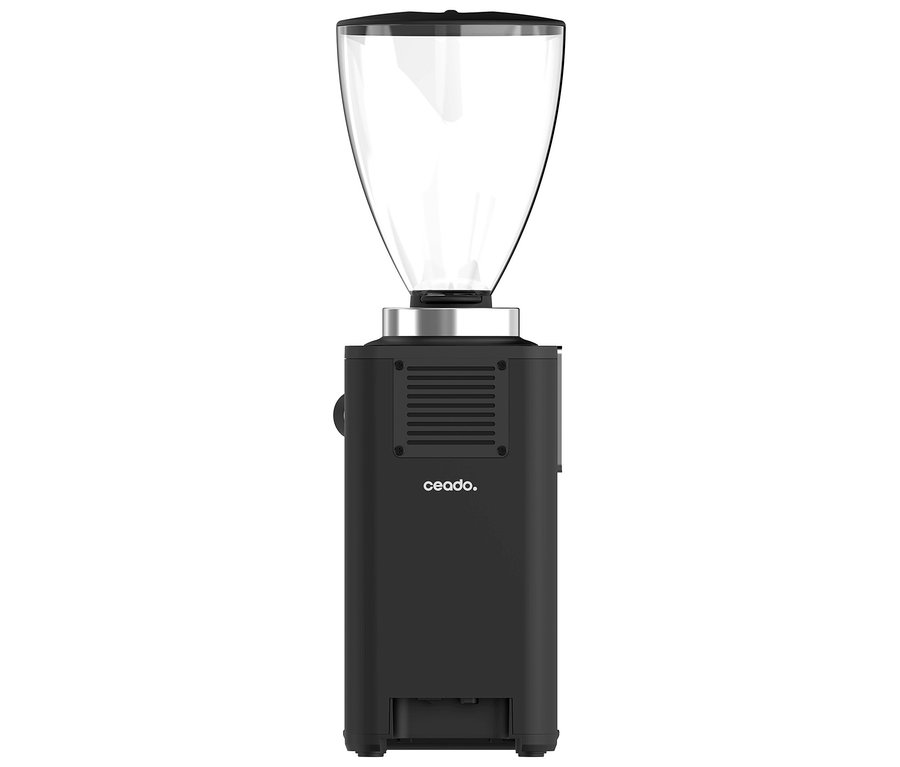 Eine Ceado Kaffeemühle in Schwarz steht auf einer weißen Oberfläche.