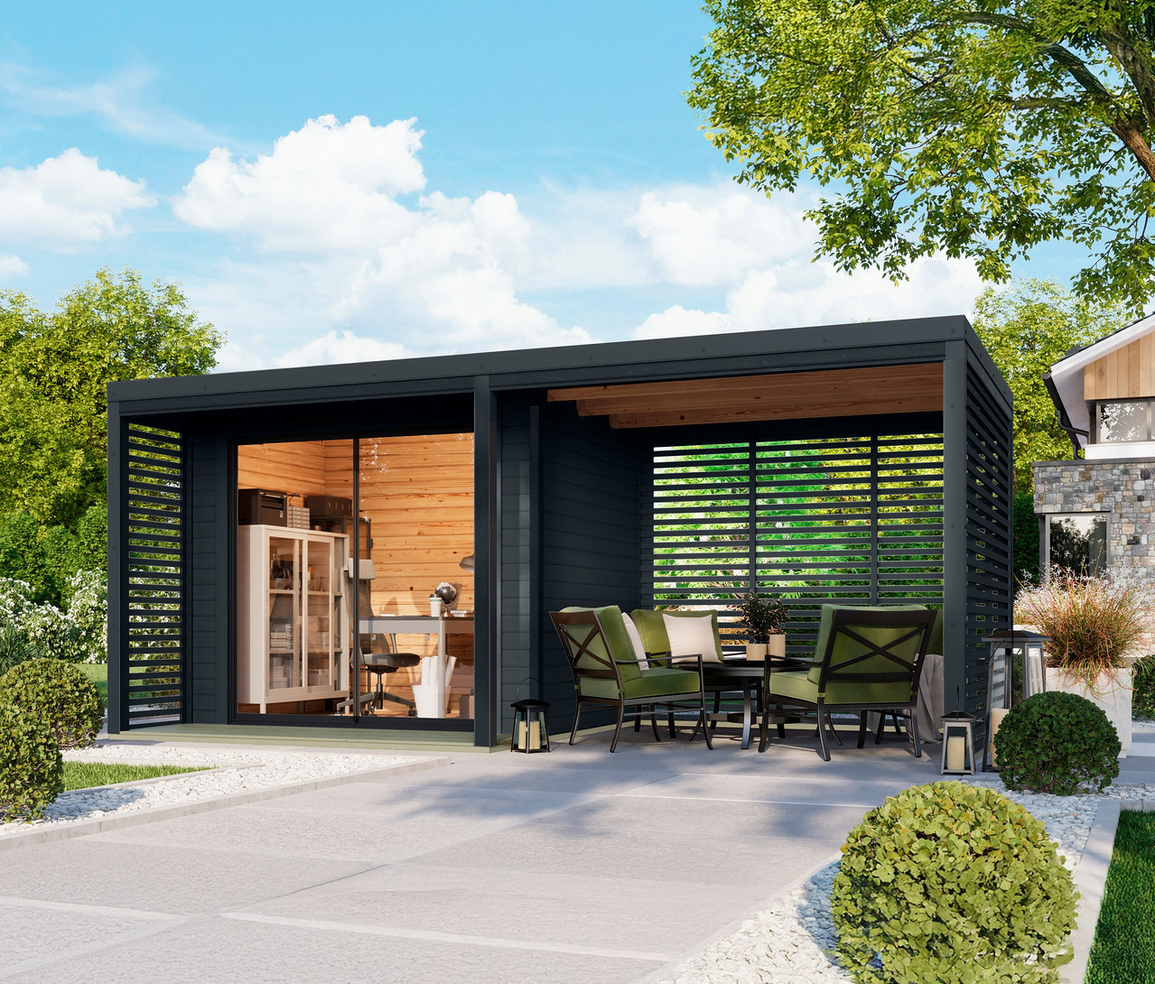 Schwarzer Pavillon mit Büroraum und Sitzbereich im Freien.