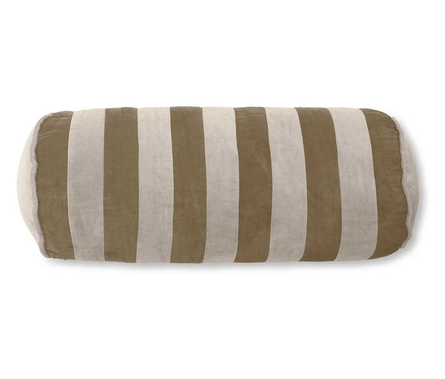Essenza Samt-Dekokissen »Bell«, braun, in zylindrischer Form mit braunen und hellbeigen vertikalen Streifen.