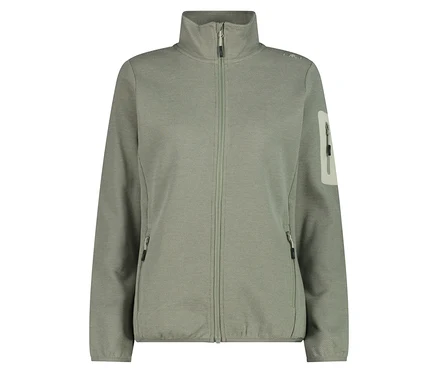 Eine hellgrüne CMP Fleecejacke mit Reißverschluss und Seitentaschen wird gezeigt.