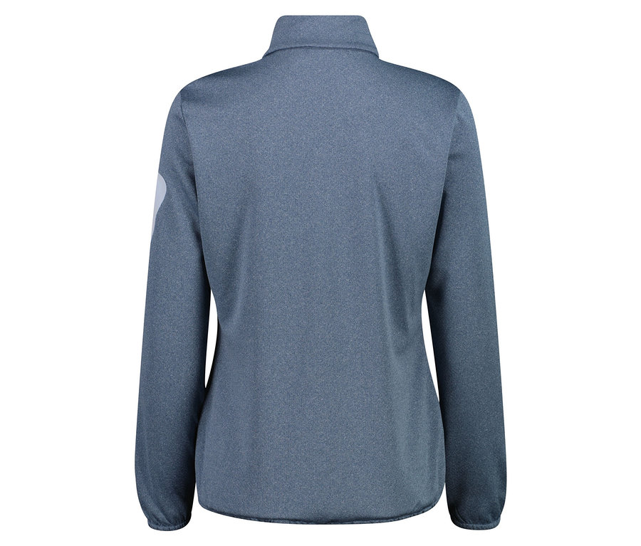 Rückansicht einer blaugrauen Fleecejacke mit durchgehendem Reißverschluss.