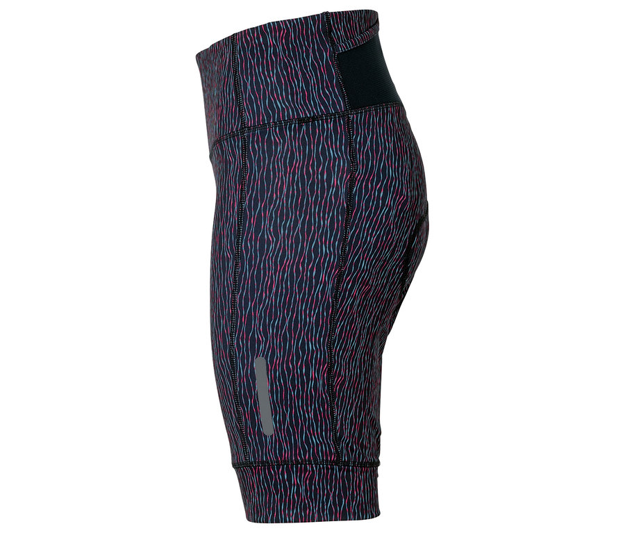 Nahaufnahme einer dunklen Radlerhose mit pinken und türkisen Streifen.