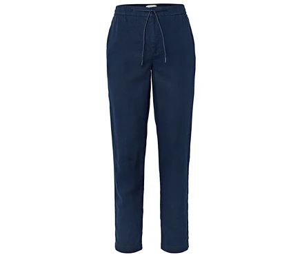 Dunkelblaue Leinenhose mit Kordelzug.