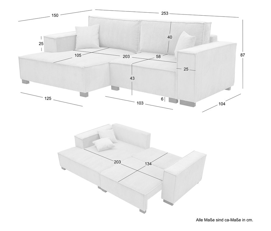 Draufsicht und perspektivische Ansicht eines weißen modularen Sofas mit Maßen.