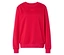Ein rotes Sweatshirt mit drei kleinen Herzen unterhalb des Kragens liegt auf einem weißen Hintergrund.