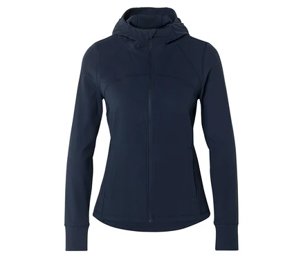 Marineblaue Kapuzenjacke mit durchgehendem Reißverschluss und langen Ärmeln vor einem weißen Hintergrund.