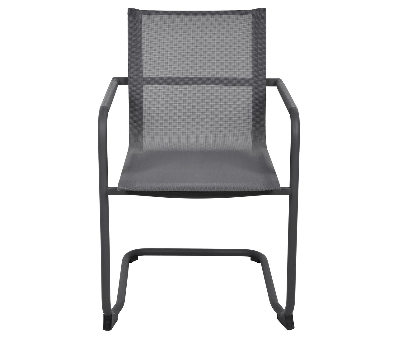 Nahaufnahme eines einzelnen grauen »Kendra« Freischwingers mit Armlehnen und Netzstoffbespannung.