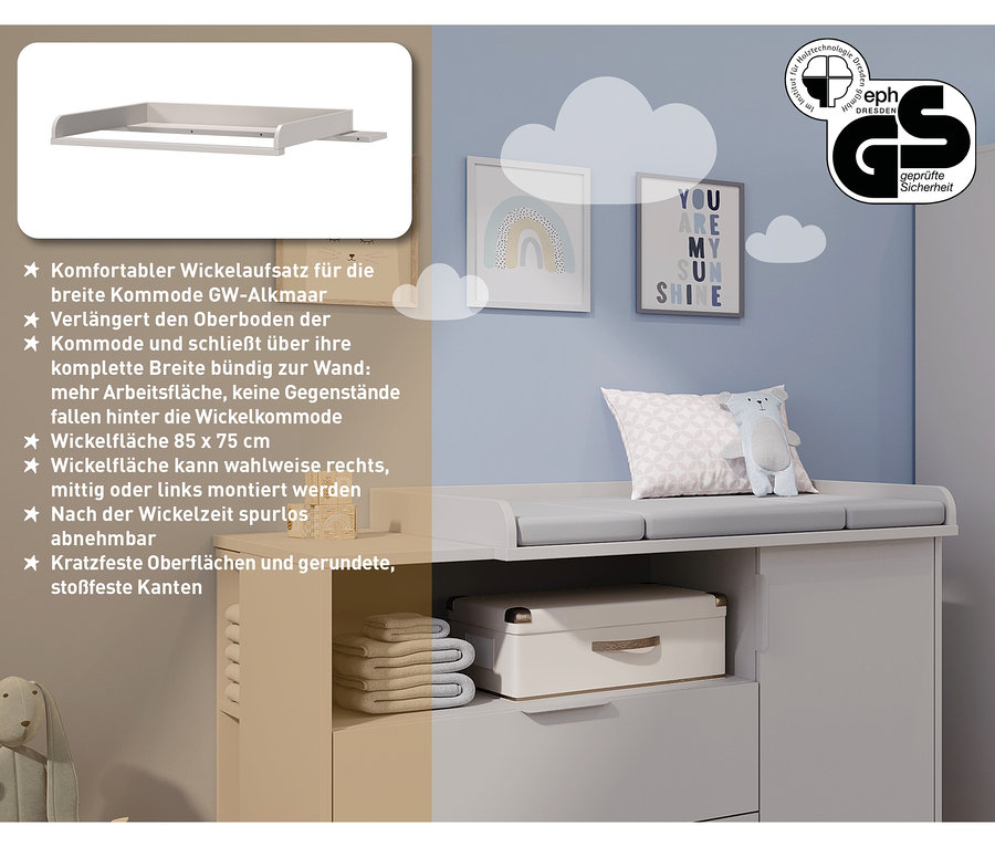 Breites »Alkmaar«-Set mit Kommode und Wickelaufsatz mit Bilderrahmen und Deko-Kissen auf blauem Hintergrund.