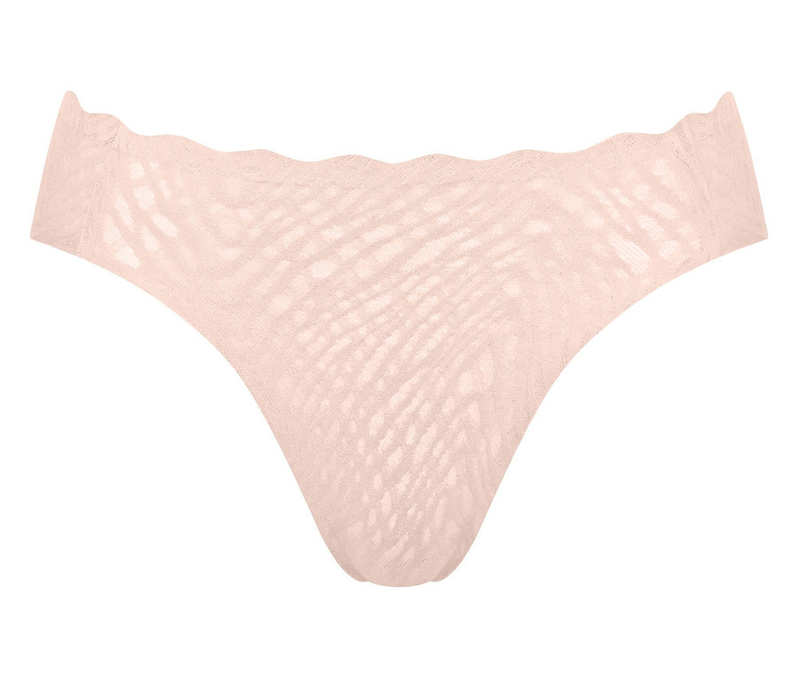 Pfirsichfarbener, durchscheinender Tanga-Slip mit gewelltem Bund.