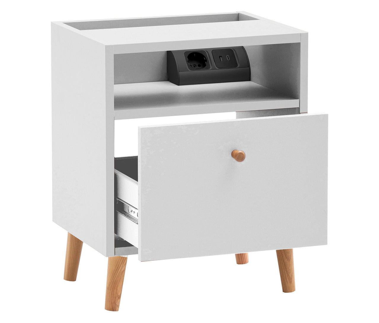Weißer Nachttisch »Bjarne« mit Ladefunktion und offen stehender Schublade.
