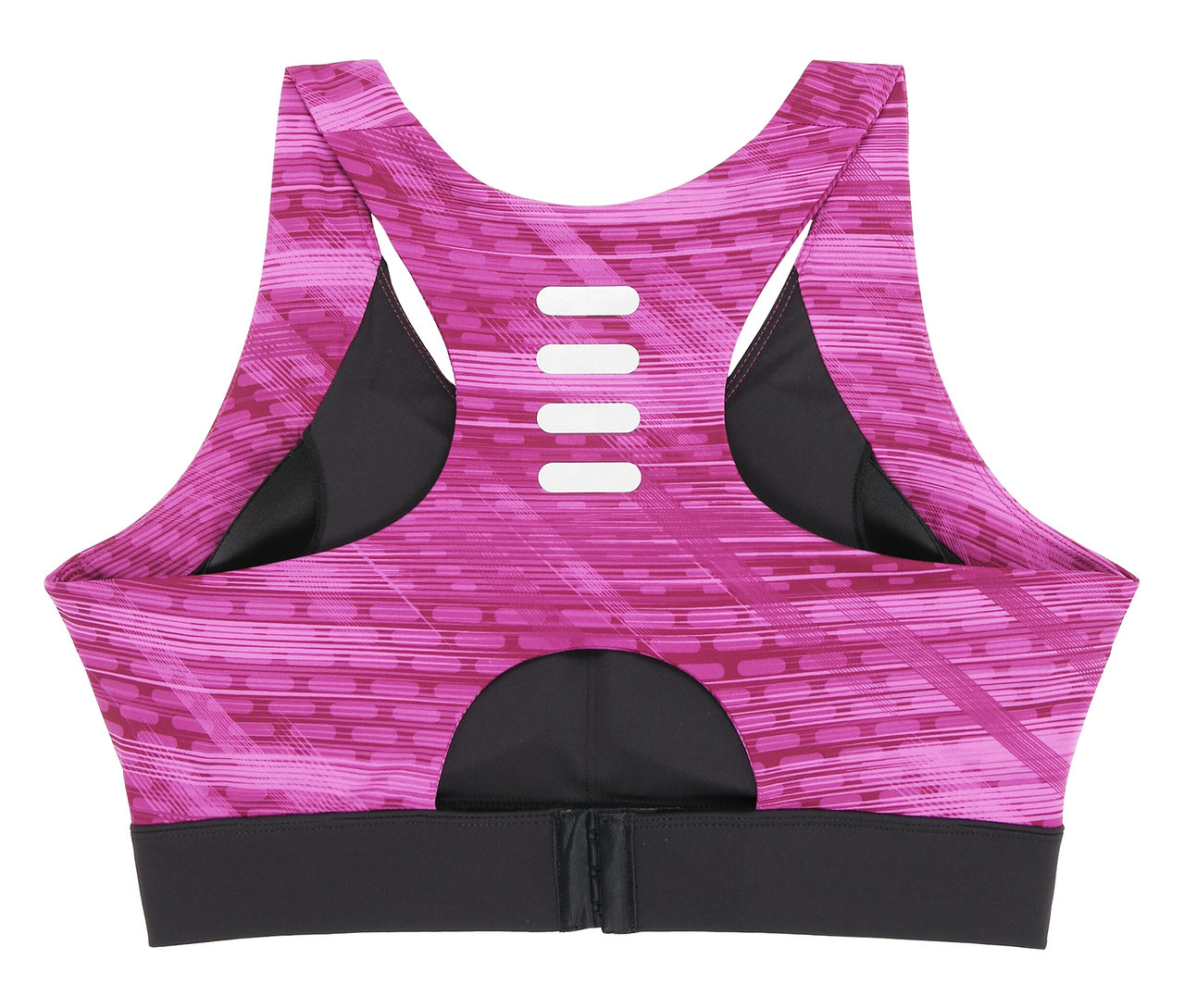 Rückansicht eines pinkfarbenen FILA Damen-Sport-BHs mit schwarzem Unterbrustband.