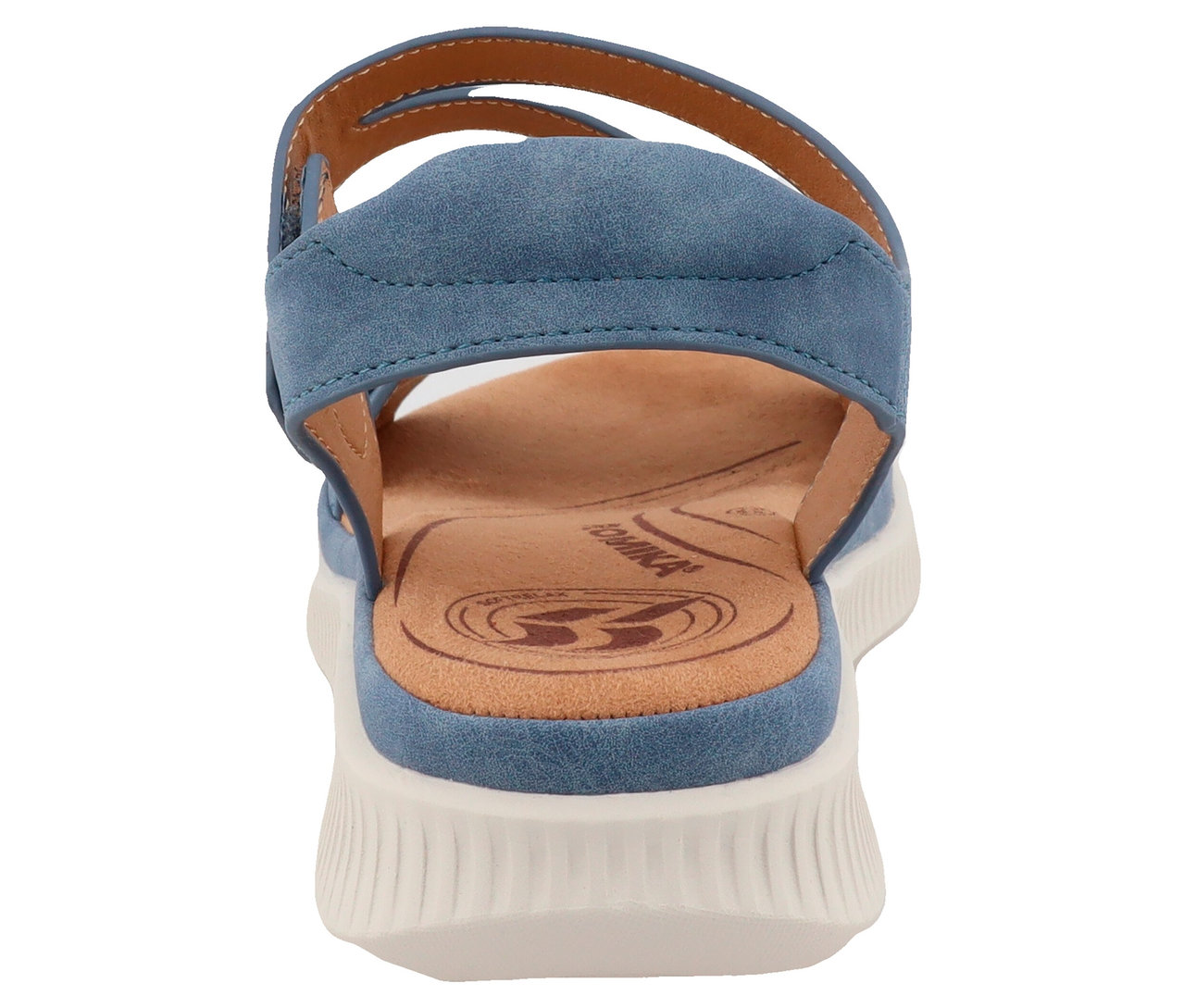 Rückansicht einer einzelnen blauen Sandale mit Plateausohle.