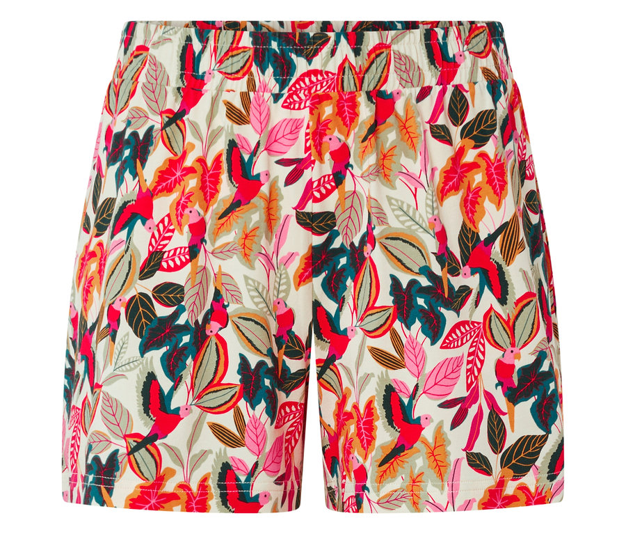 Shorts mit Blätter- und Vogelmuster.