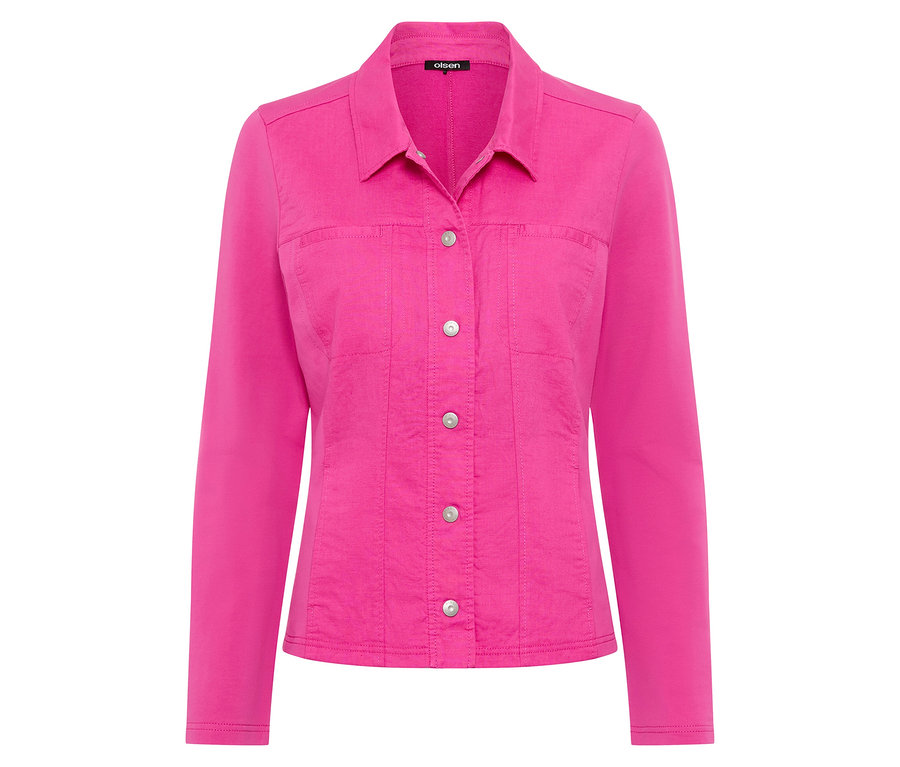 Eine einzelne, pinke Olsen Jacke mit langen Ärmeln und Knöpfen ist zu sehen.