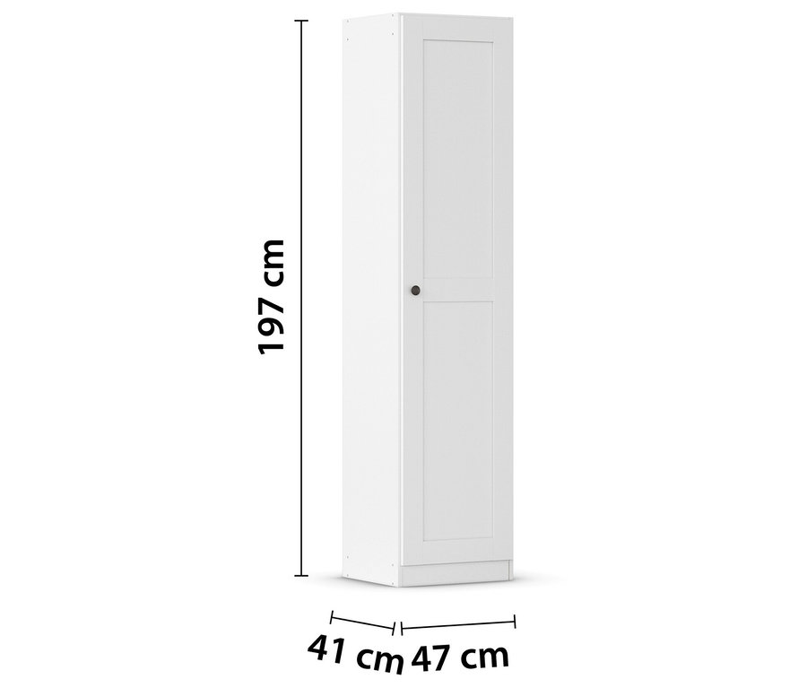 Weißer, schmaler Schrank mit einer Tür und den Maßen 197 cm Höhe, 41 cm Breite und 47 cm Tiefe.