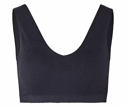 Schwarzes, geripptes Bustier mit V-Ausschnitt und breiten Trägern.