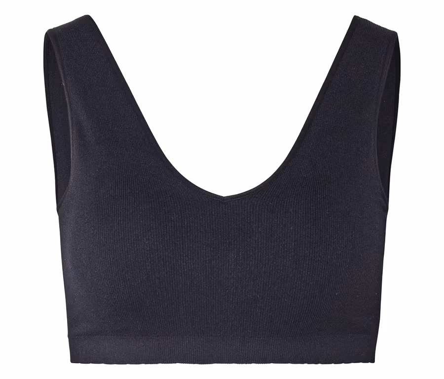 Schwarzes, geripptes Bustier mit V-Ausschnitt und breiten Trägern.