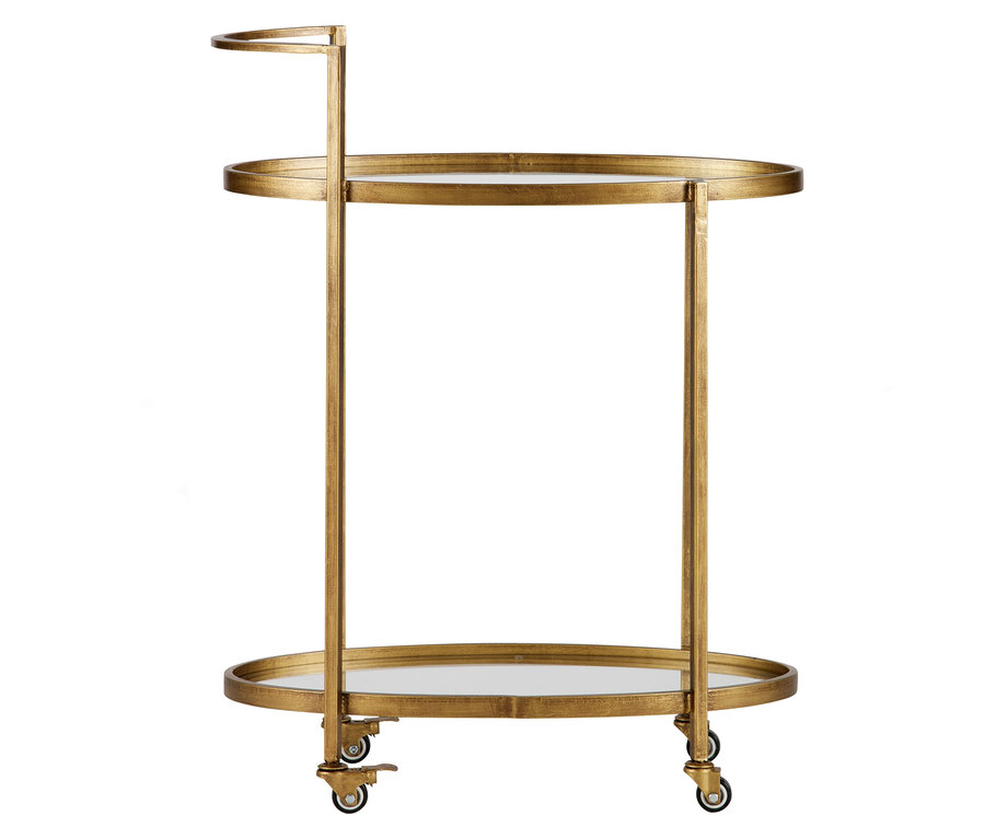Woood Metall-Push-Trolley aus goldfarbenem Metall mit zwei ovalen Ablagen mit Glasboden und Rädern.