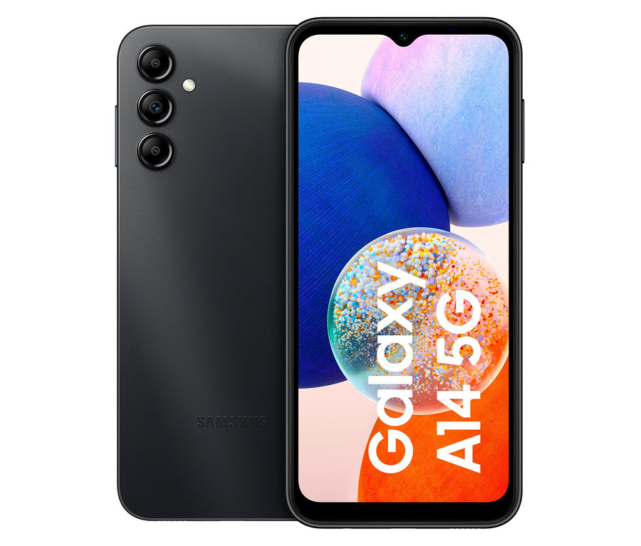 Zwei schwarze Samsung Galaxy A14 5G 64GB liegen nebeneinander; eines zeigt die Rückseite, das andere die Vorderseite mit Display.