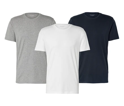 Drei 3 T-Shirts mit Rundhalsausschnitt in Grau, Weiß und Dunkelblau sind zu sehen.
