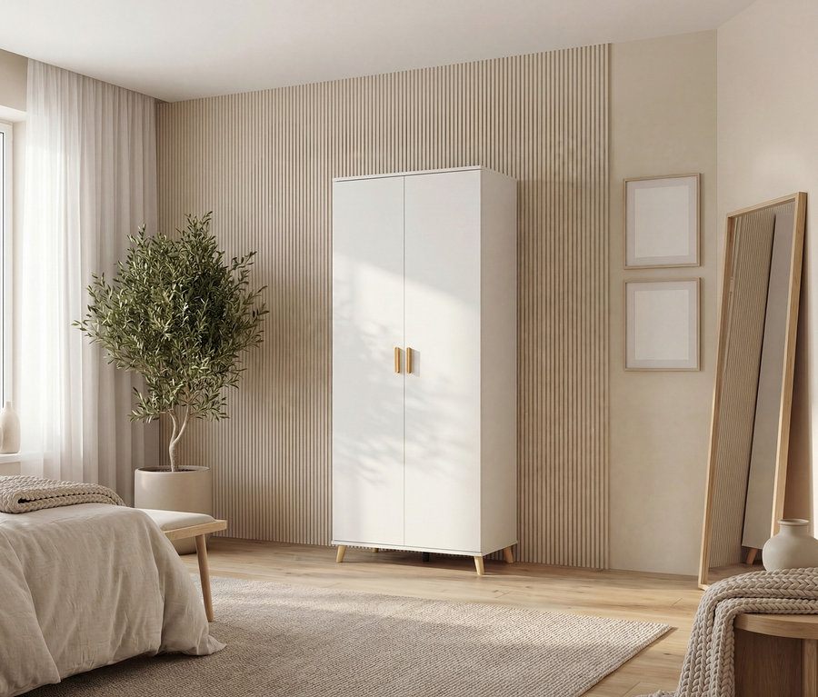 Schlafzimmer mit weißem Schrank mit goldenen Griffen, Spiegel, Zimmerpflanze und zwei Bildern an der Wand.