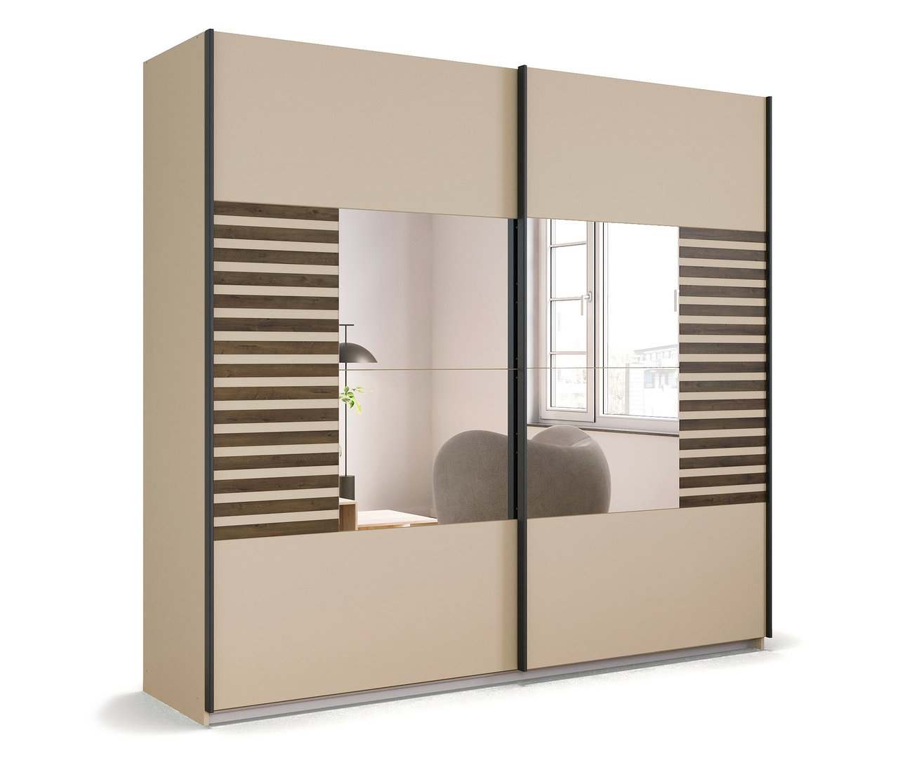 Zweitüriger, kleiner rauch Kleiderschrank »Barea« in Beige mit Spiegel und horizontalen Holzstreifen.