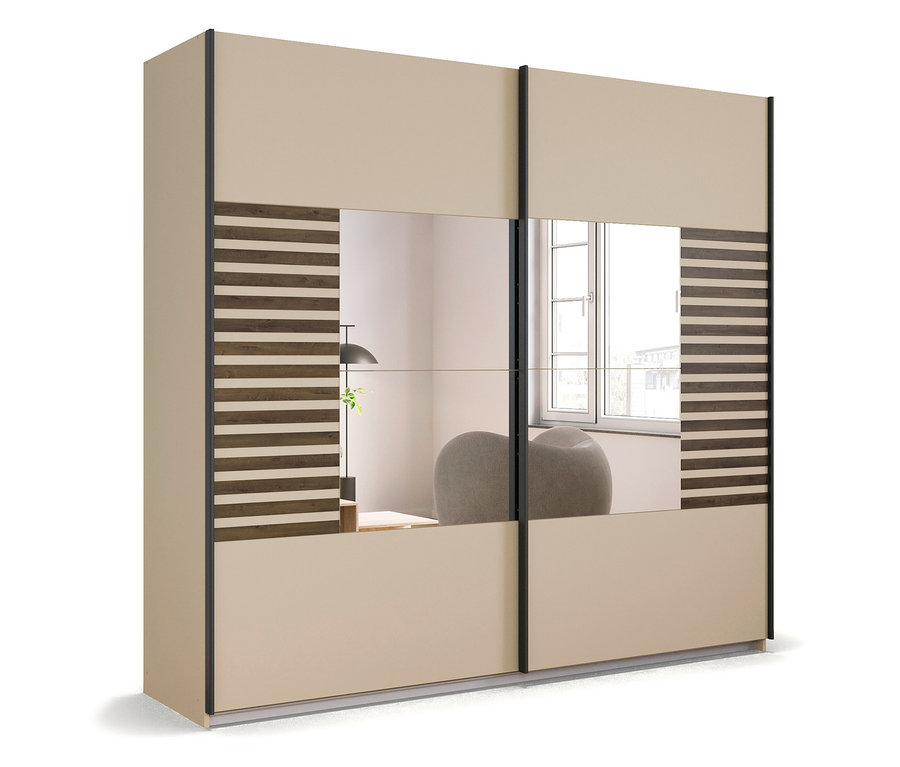 Zweitüriger, kleiner rauch Kleiderschrank »Barea« in Beige mit Spiegel und horizontalen Holzstreifen.