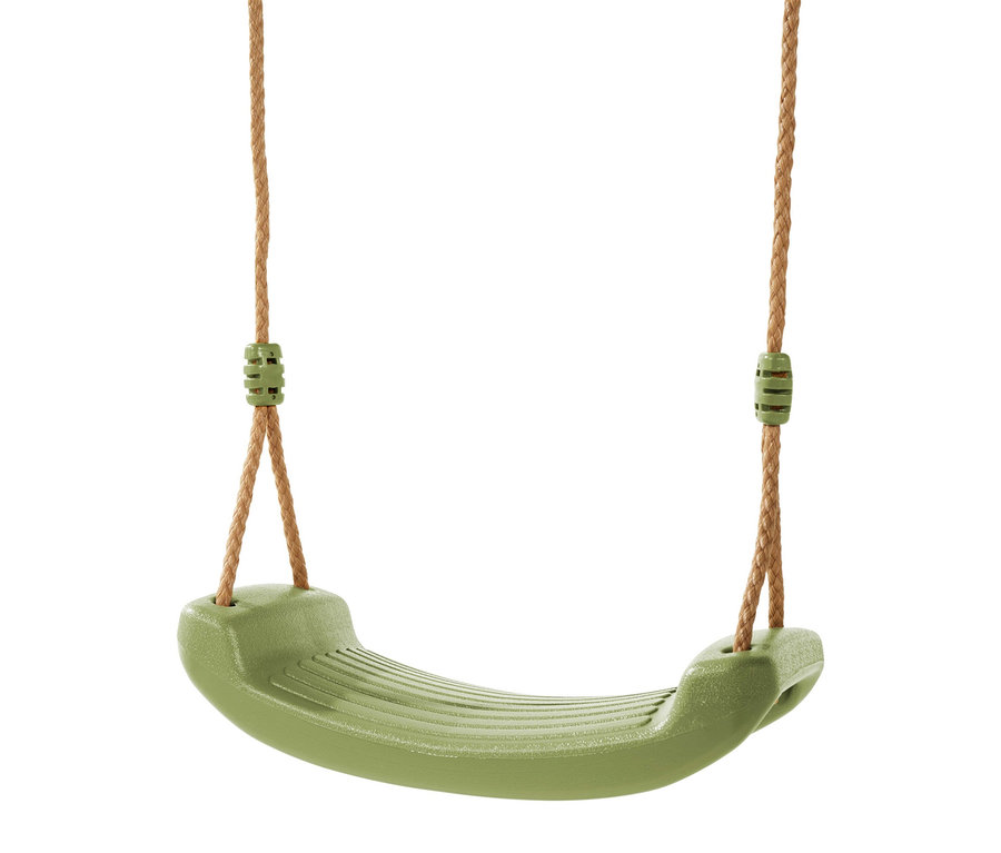 Eine grüne Schaukelsitzfläche hängt an braunen Seilen mit grünen Verbindungsstücken vor einem weißen Hintergrund.