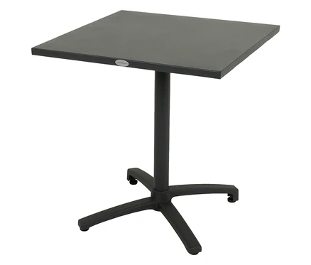 Schwarzer quadratischer Tisch mit Mittelfuß und vierbeiniger Basis.