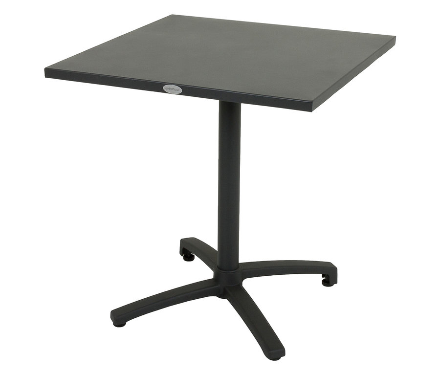 Schwarzer quadratischer Tisch mit Mittelfuß und vierbeiniger Basis.