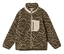 Olivgrüne Fleecejacke mit beigem, abstraktem Wellenmuster, durchgehendem Reißverschluss, Stehkragen und einer Brusttasche mit Reißverschluss.