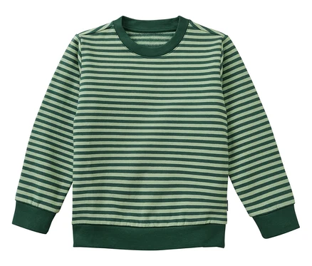 Ein langärmeliges Shirt mit horizontalen Streifen in zwei Grüntönen. Es hat einen Rundhalsausschnitt, gerippte Bündchen und einen gerippten Saum.