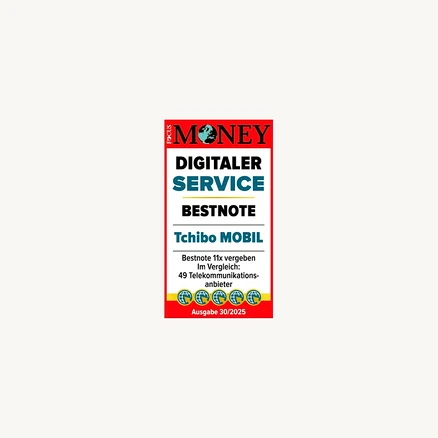 Tchibo MOBIL Auszeichnung für digitalen Service, Bestnote 11x vergeben im Vergleich von 49 Telekommunikationsanbietern, Ausgabe 30/2025.