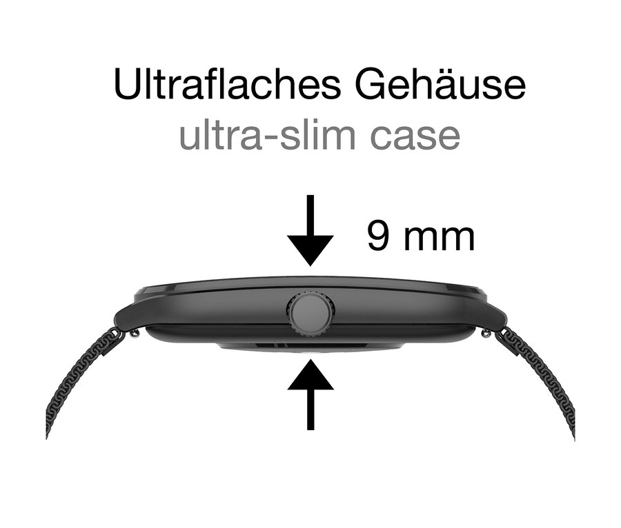 Seitenansicht einer schwarzen Smartwatch, die ihre ultraflache Bauweise mit 9 mm Gehäusedicke zeigt.
