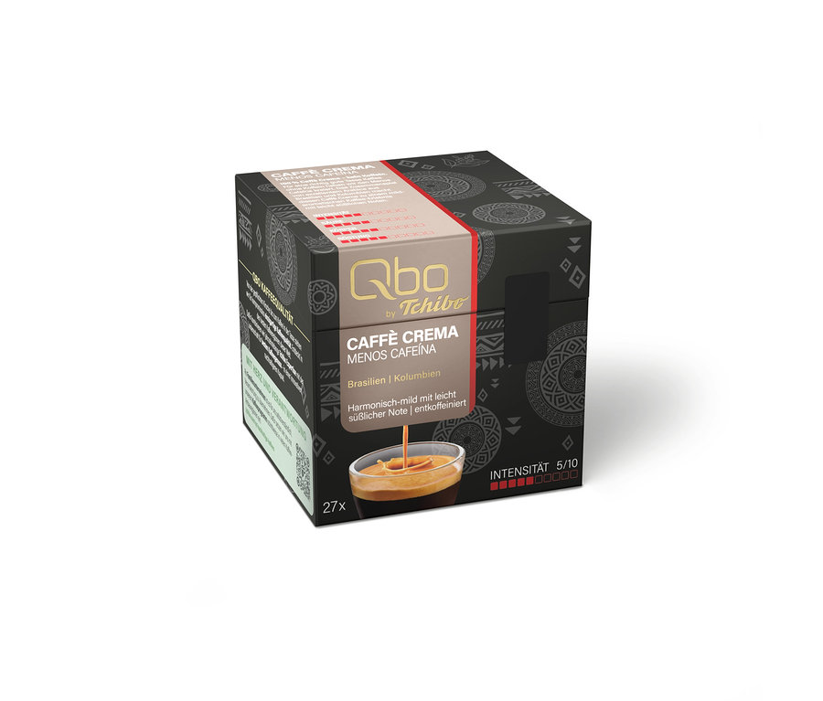 Dunkle Qbo by Tchibo Caffè Crema Menos Cafeína Kaffeekapselpackung mit 27 entkoffeinierten Kapseln, Intensität 5/10, mit Kaffee aus Brasilien und Kolumbien.
