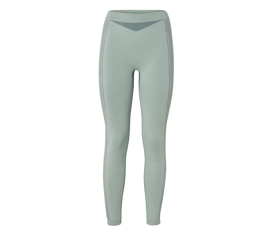 Hellgrüne nahtlose Leggings mit dunkleren gemusterten Details am Bund und an den Außenseiten der Oberschenkel.