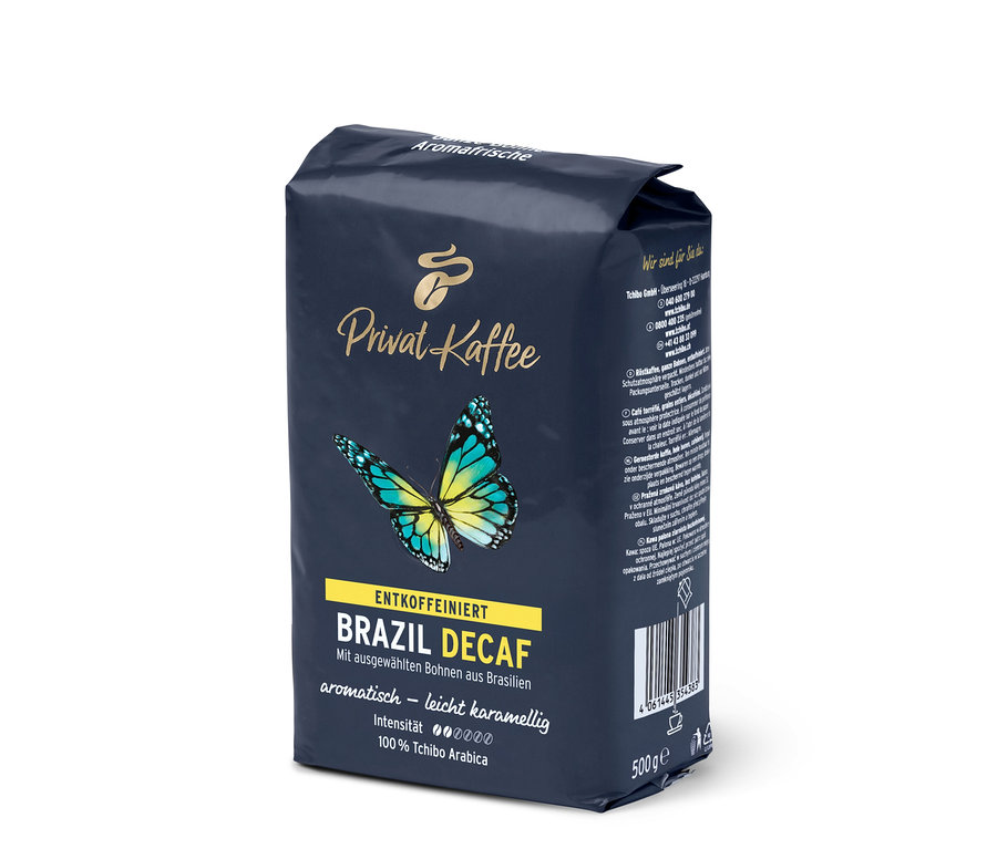 Eine Packung Privat Kaffee Brazil Decaf - 500 g Ganze Bohne.